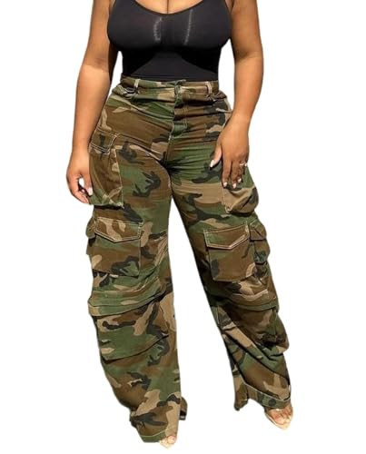Voghtic Camo Pants Women High Waist Wide Leg Baggy Camouflage Army Fatigue Jeans Denim Cargo Pants Streetwear | Amazon (US)