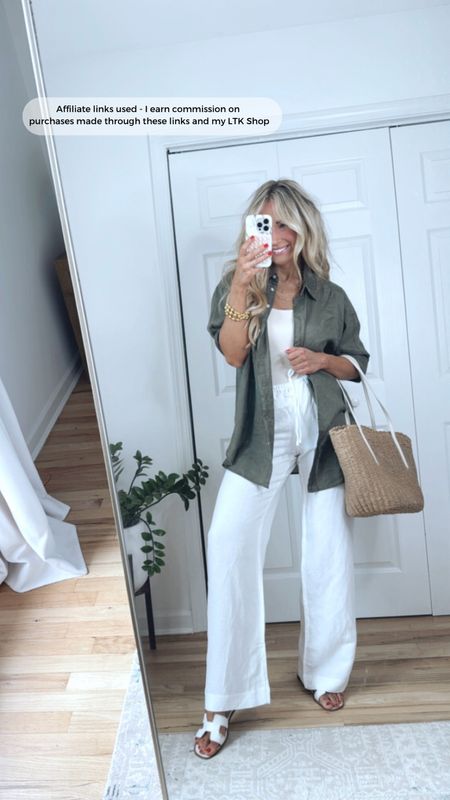 Everyday summer outfit | Sizing info: I sized up one size in the button up shirt for a more oversized fit (wearing a medium), white linen pants run TTS (wearing a small)
