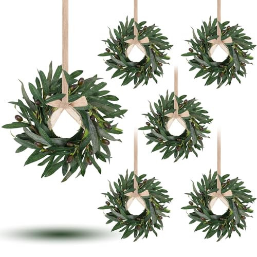 6 Pcs Artificial Green Olive Wreaths Greenery Wreath with Olive Leaves Mini Green Kitchen Cabinet Wreaths Swag Spring Summer Wreath for Front Door Porch Wall Window Farmhouse Wedding Decoration | Amazon (US)