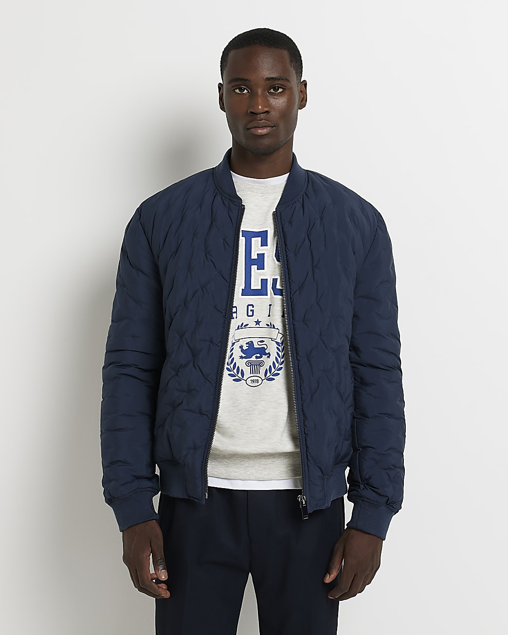 River Island Mens Navy Regular fit nylon quilted Bomber jacket | River Island (US)