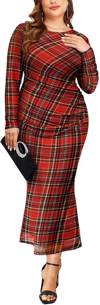 TIYOMI Women's Plus Size Bodycon Maxi Dress Long Sleeve Floral Mesh Crew Neck Split Sexy Dresses ... | Amazon (US)