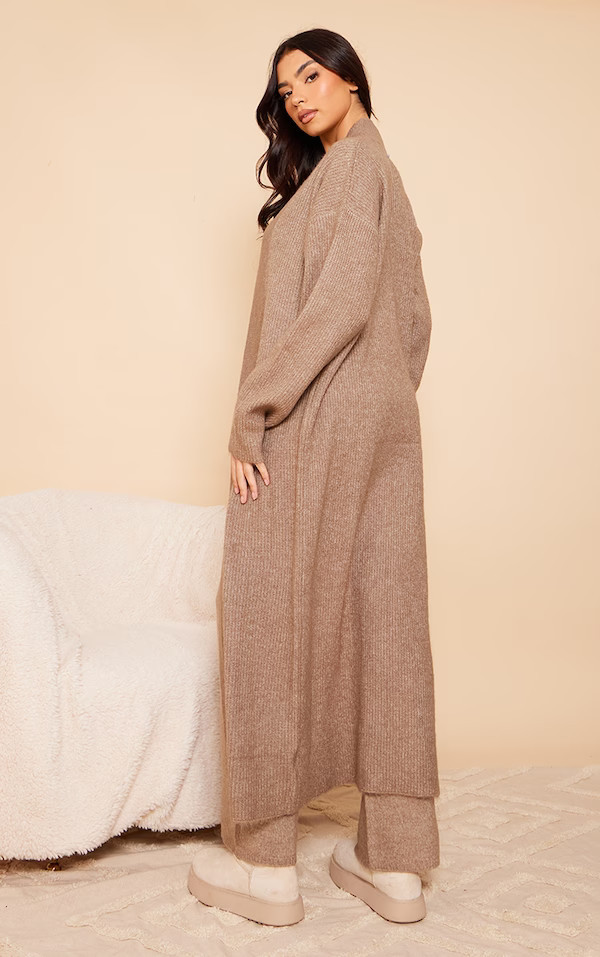 Taupe Marl Knit Rib Maxi Cardigan | PrettyLittleThing US
