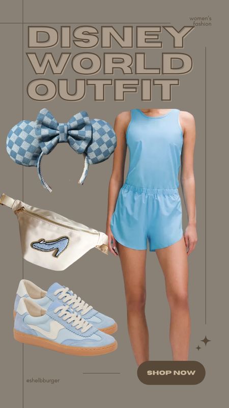 Cinderella inspired active Disney World outfit 

Active romper
Denim checkered Mickey Mouse ears
Cinderella’s glass slipper Fanny pack
Dolce vita notice sneakers in blue

#LTKShoeCrush #LTKTravel #LTKActive