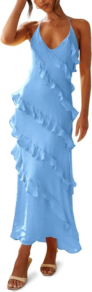 Wenrine Womens Sexy Chiffon Halter Maxi Dress Sleeveless Backless Ruffle Tassel Party Club Dresse... | Amazon (US)