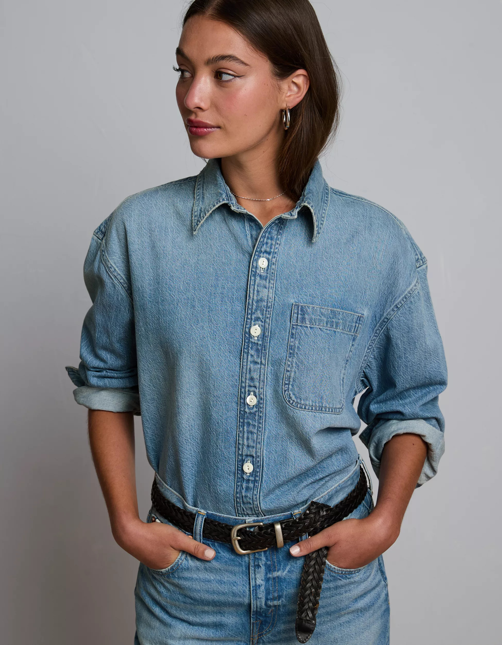 AE77 Premium Denim Boyfriend Shirt | American Eagle Outfitters (US & CA)
