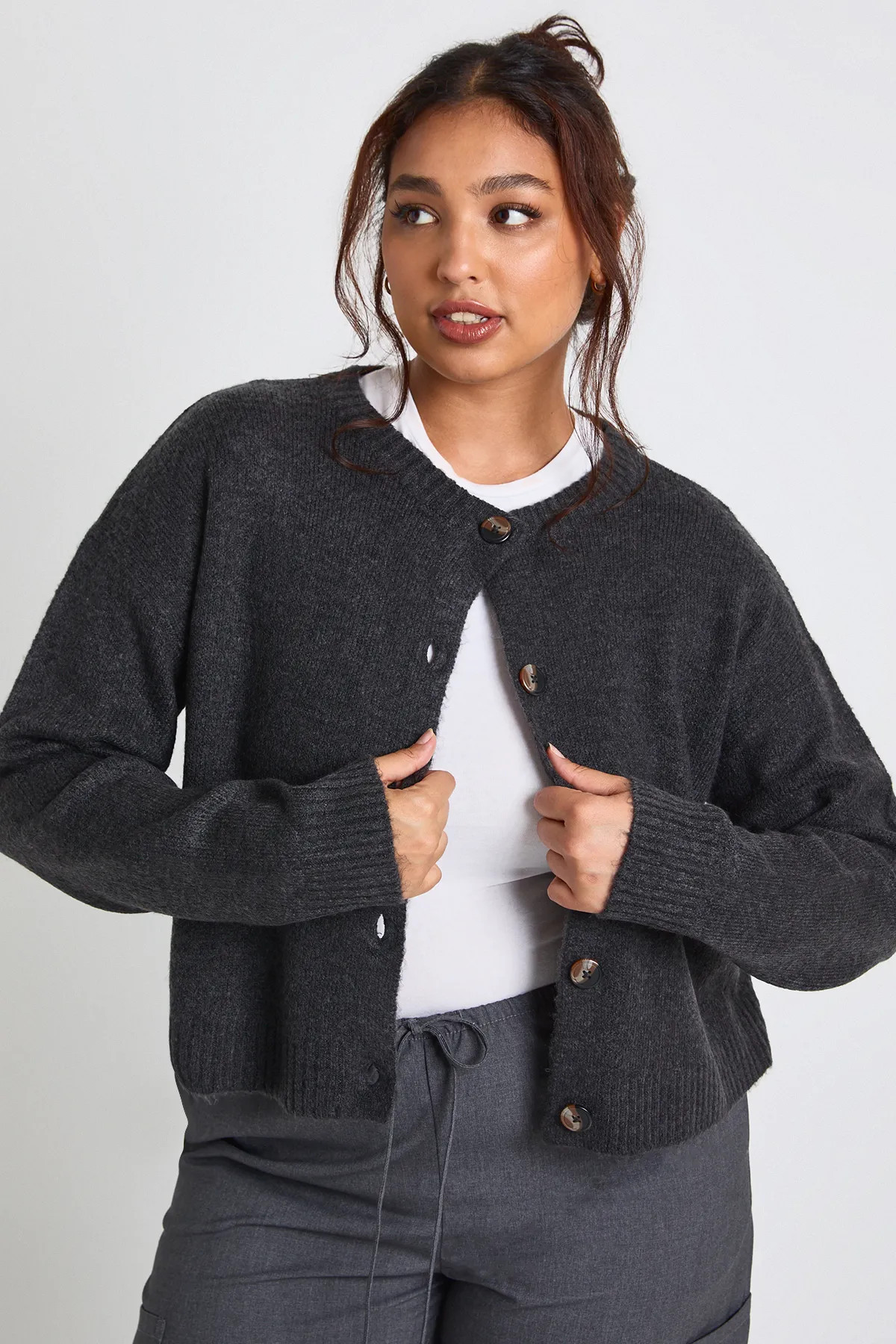 Charcoal Plus Button Down Crew Neck Cardigan | Boohoo USA | boohoo (US & Canada)