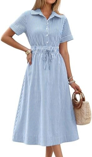ANRABESS Womens Summer Midi Dress Short Sleeve Striped Plaid Button Collar Shirt Dresses 2026 Cas... | Amazon (US)