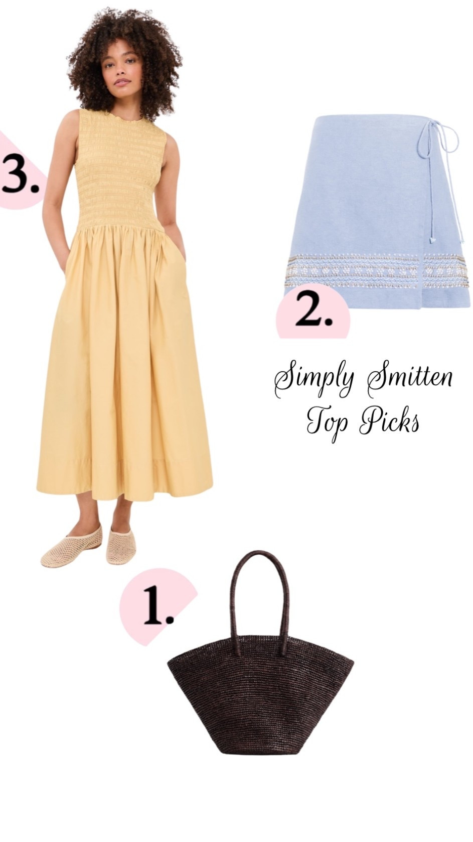 Friday’s Simply Smitten top 3 picks of the week: a yellow smock dress for spring and summer. A lovely beaded wrap skirt. A chic brown woven tote beach bag

#LTKTravel #LTKootd #LTKgrwm