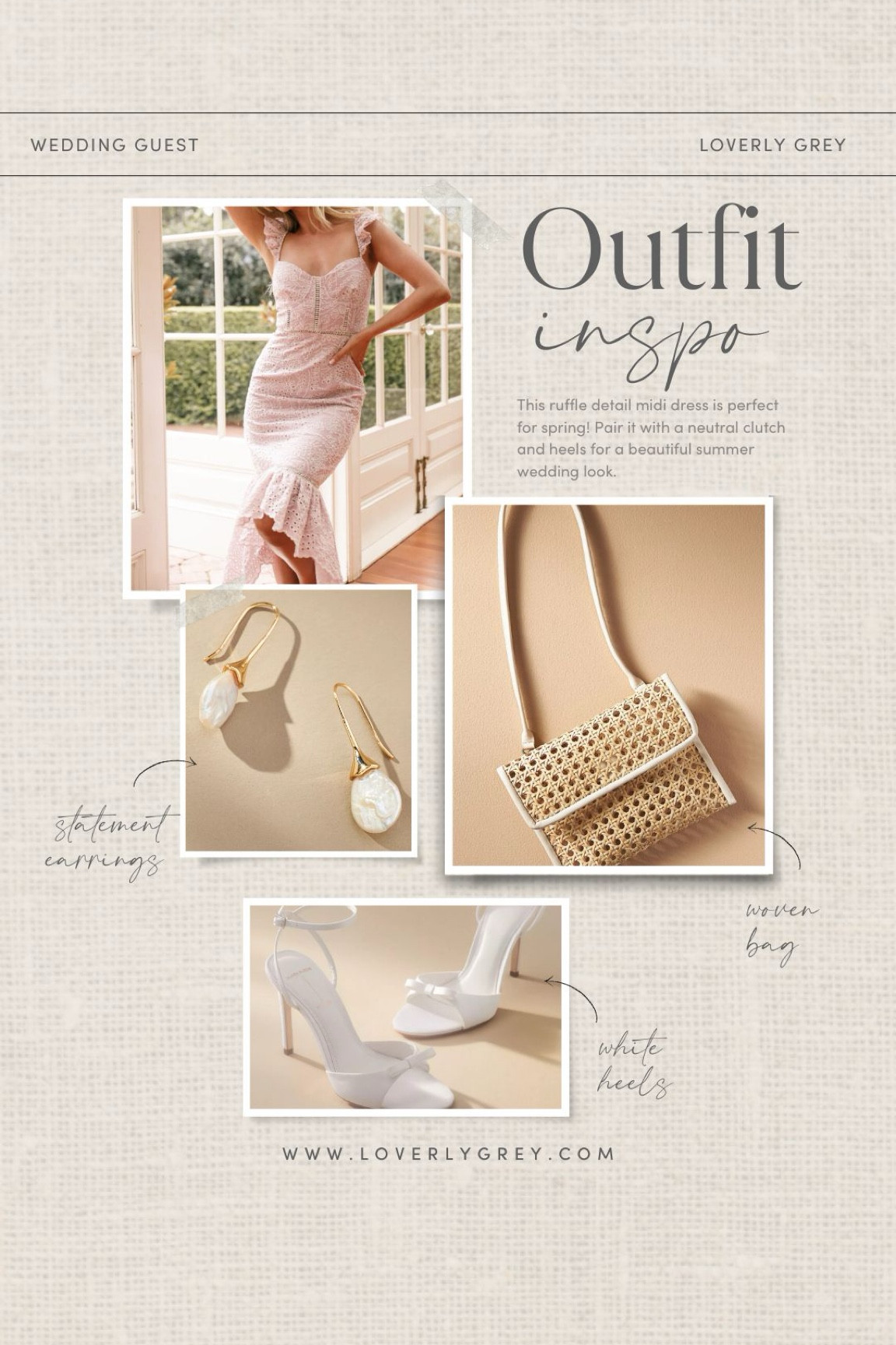 Wedding guest outfit idea. This ruffle detail dress is perfect for a summer wedding. Pair it with a woven clutch and white heel to complete the look. Loverly Grey, wedding guest 

#LTKStyleTip #LTKSeasonal #LTKWedding