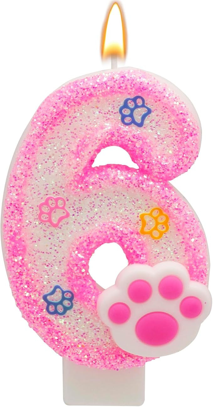 Pink Number 6 Birthday Candle with Paw Print Design, Cat and Dog Theme Cake Topper for Party Deco... | Amazon (US)