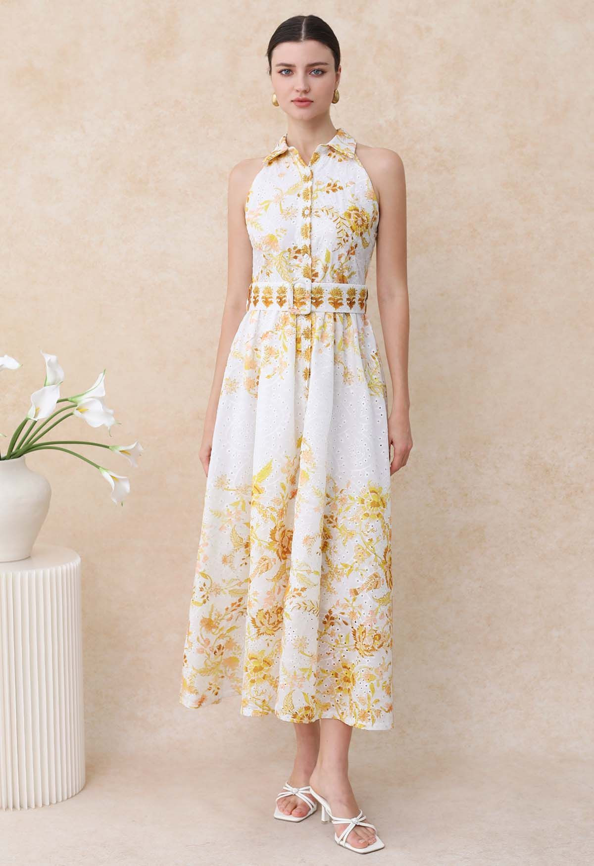 Yellow Floral Printed Collared Halter Neck Embroidered Maxi Dress | Chicwish