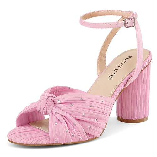 MUCCCUTE Pink Heels with Bow Heeled Sandals Chunky Heels for Women Open Toe Ankle Strap Rhinestone Wedding Bridal Dressy Sandal Size 9.5 | Amazon (US)
