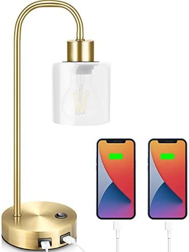 Gold Industrial Table Lamp for Bedroom, Elizabeth Vintage Bedside Lamp with USB Port, Brass Metal... | Amazon (US)