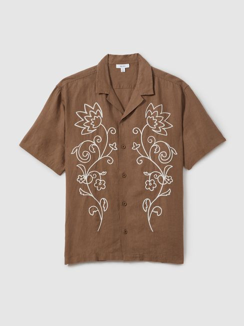 Linen Embroidered Cuban Collar Shirt in Tobacco Brown | Reiss UK