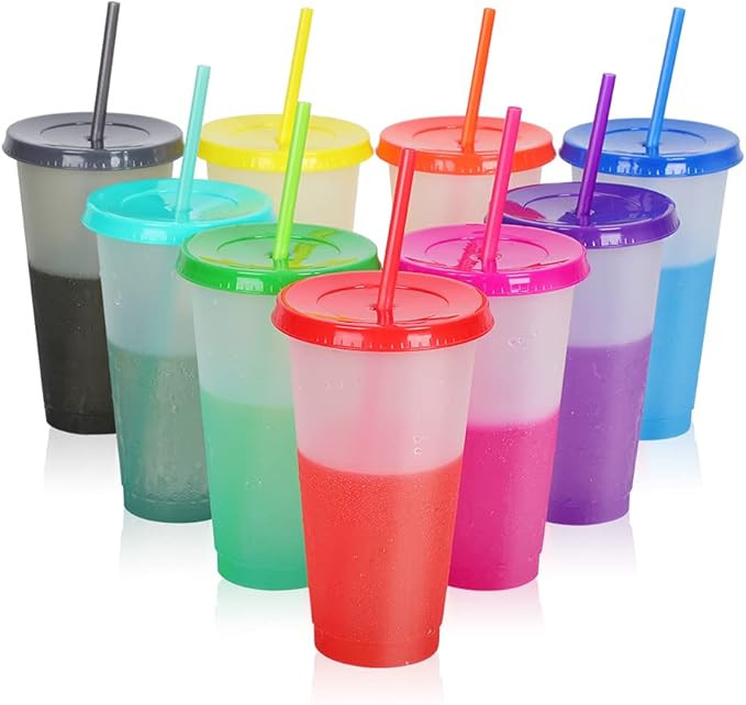 Reusable Plastic Tumblers with Lids & Straws - 9 Pcs 24oz Large Color Changing Cups for Adults Ki... | Amazon (US)