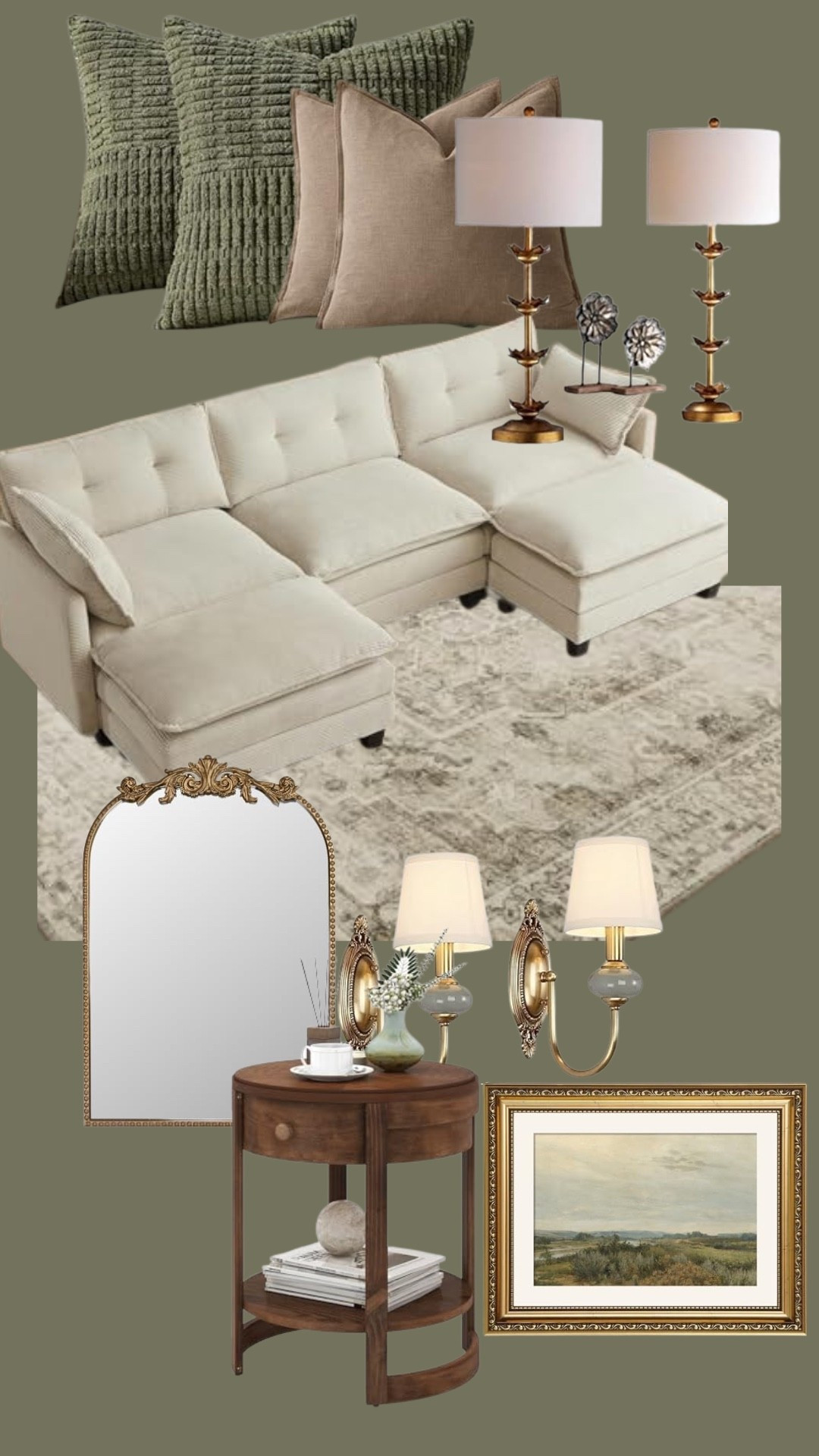 sectional sofa, beige sectional couch, tufted sofa, neutral sofa, living room furniture, round wood side table, accent table, traditional wall sconces, gold table lamps, decorative mirror, wall art, traditional home decor, classic living room, timeless design, neutral living room, cozy home style, transitional decor, elegant living room ideas, warm neutrals, green throw pillows, textured pillows, beige throw pillows, area rug, neutral rug, living room rug, layered pillows, sage green decor, olive green accents, beige and gold living room, warm earthy tones, neutral and green

#LTKHome #LTKStyleTip