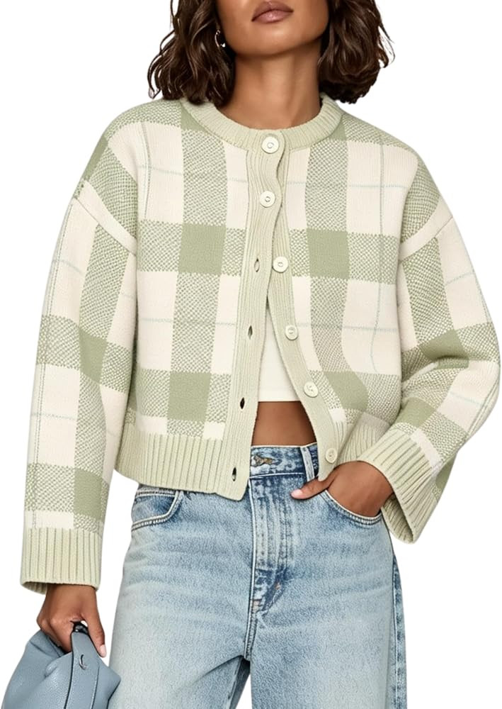 AMEBELLE Women's Gingham Plaid Cardigan Crewneck Button Knit Sweater | Amazon (US)