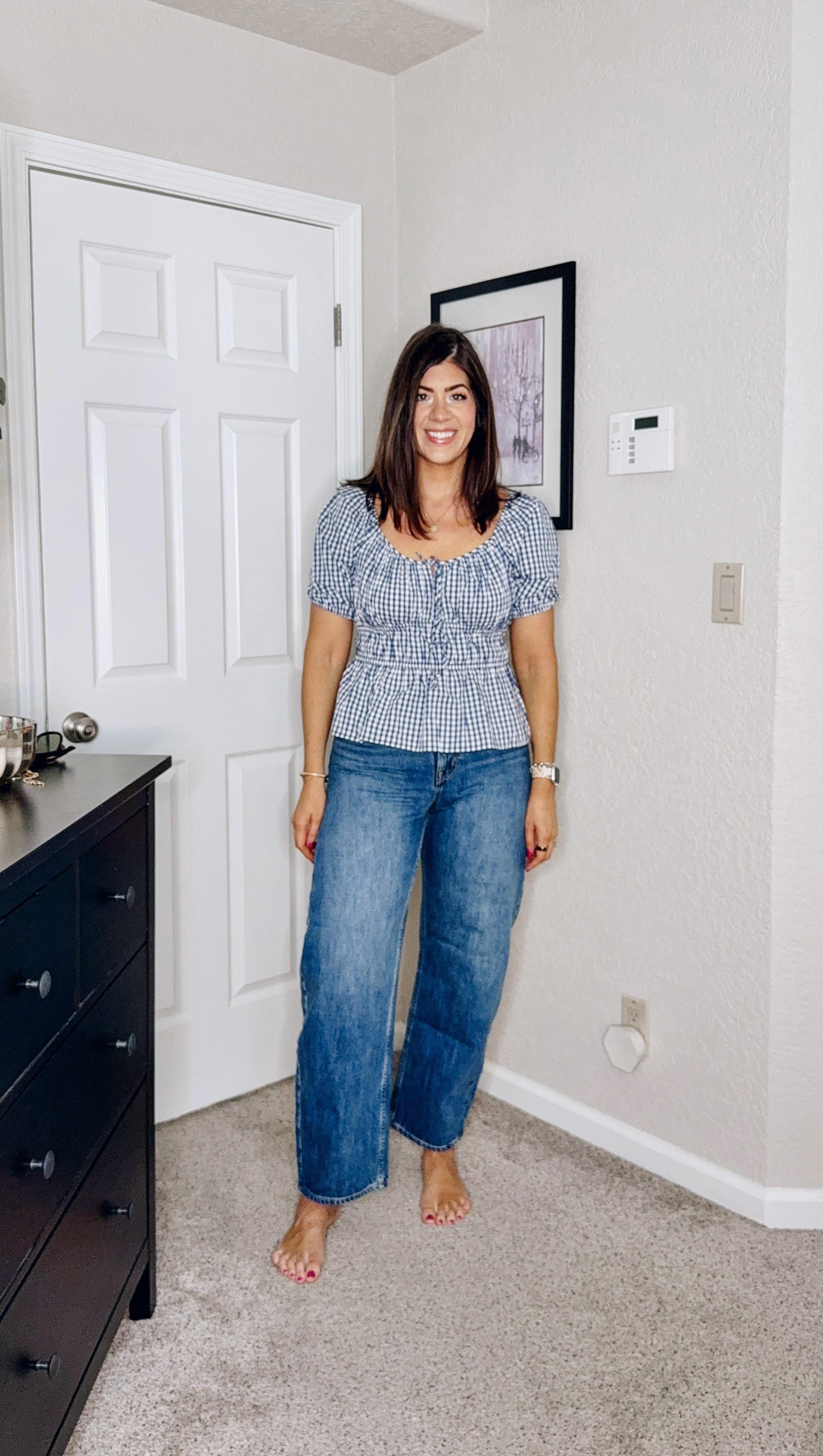 In a medium gingham top and 29 curvy tall jean 

#LTKMidsize #LTKStyleTip #LTKSaleAlert