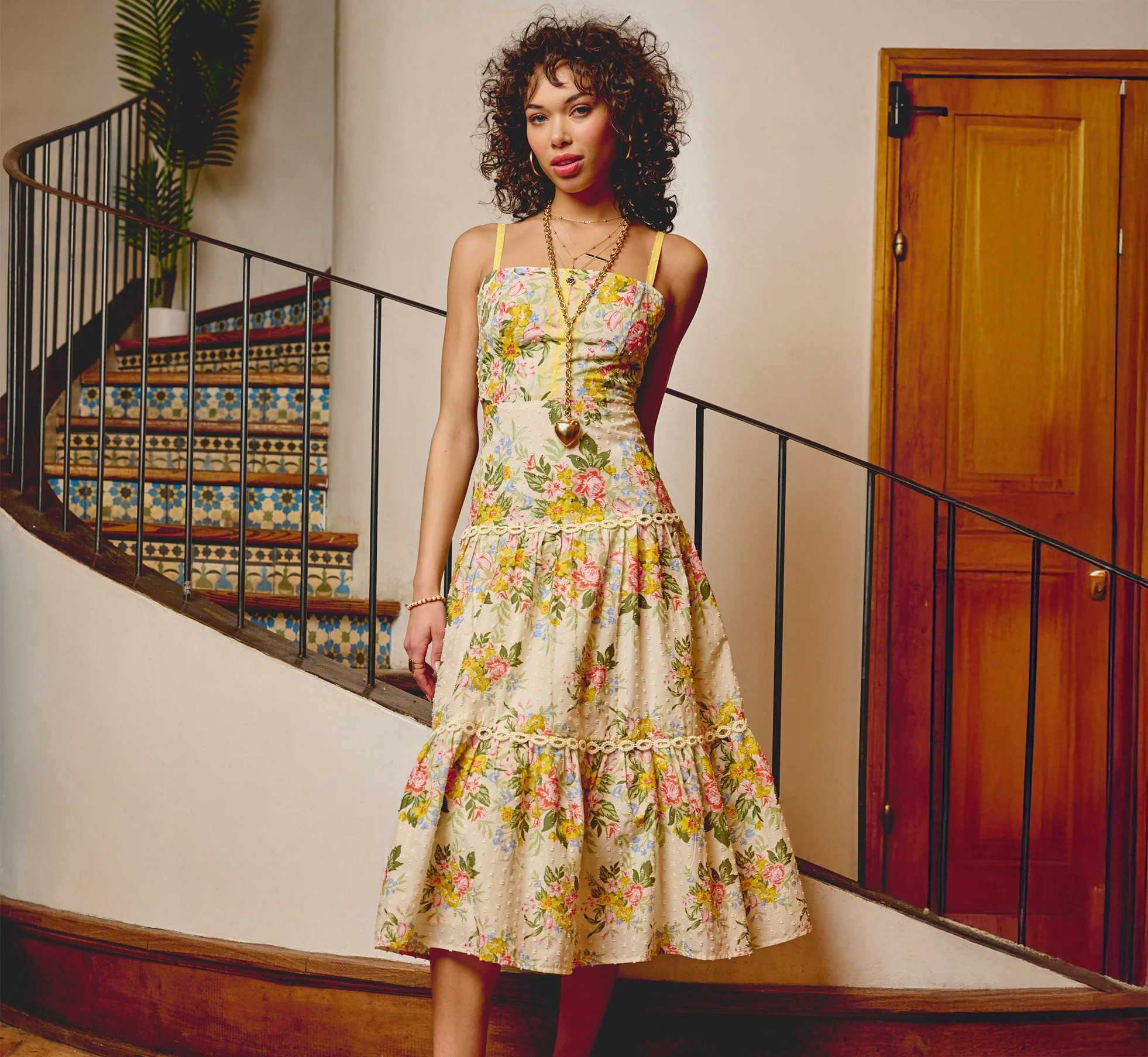 Cotton Vintage Floral Midi Sundress In Pale Yellow | Adrianna Papell