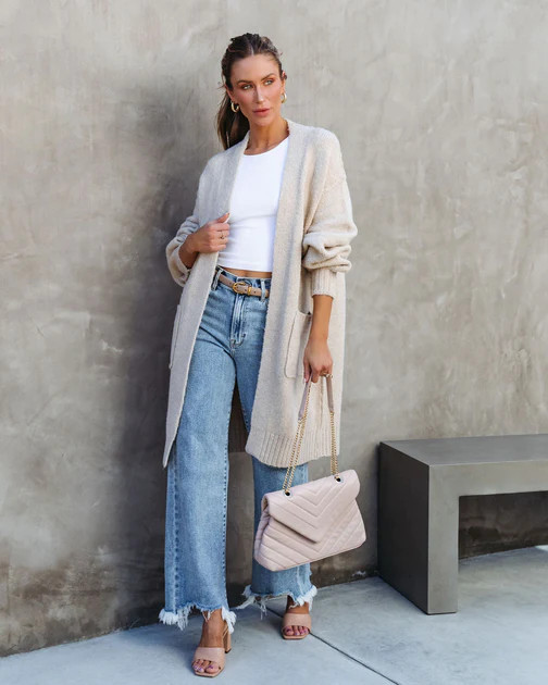 Pratt Knit Pocketed Open Front Cardigan - Beige | VICI