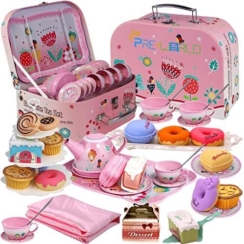 Tea Party Set for Little Girls,PRE-WORLD Princess Tea Time Toy Including Dessert,Cookies,Doughnut... | Amazon (US)