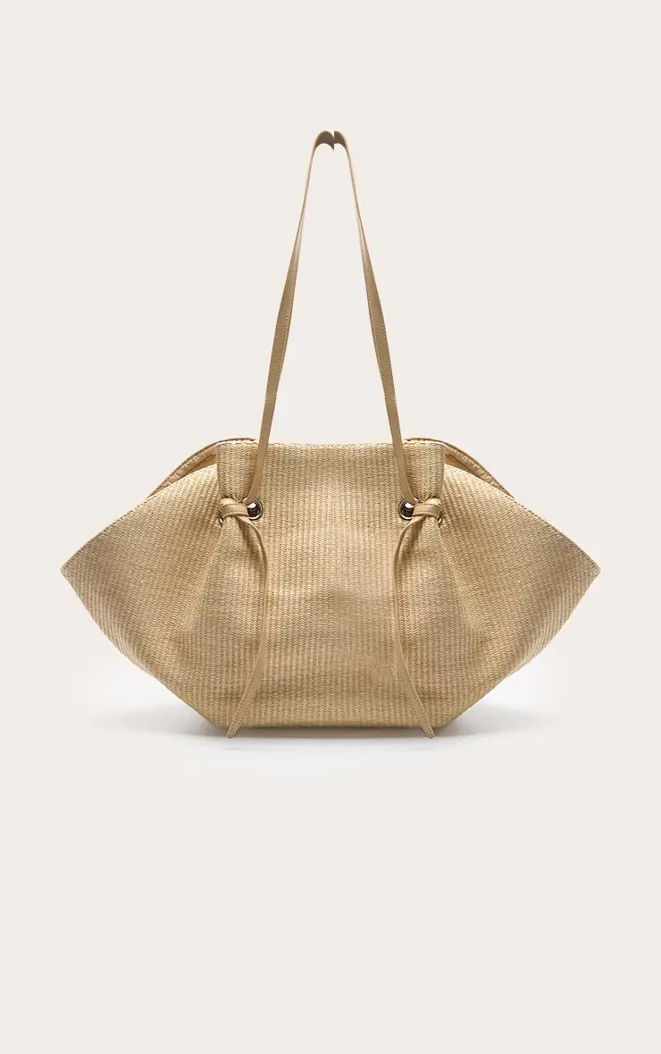 Natural Contrast Raffia Drawstring Beach Bag | PrettyLittleThing UK