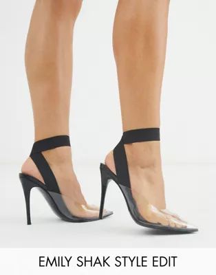 ASOS DESIGN Partner elastic stiletto heels in clear/black | ASOS UK