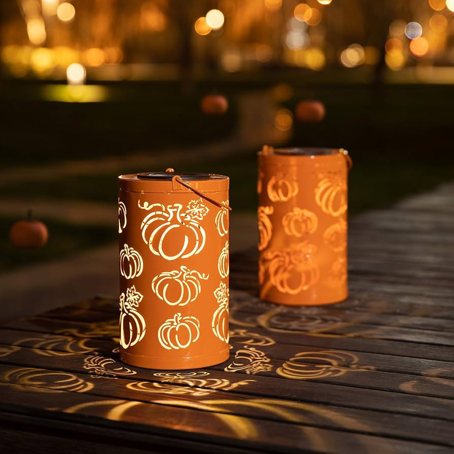 Glitzhome 10.75" H Fall Metal Pumpkin Lantern Decor Solar Powered LED Lantern Autumn Harvest Deco... | Amazon (US)