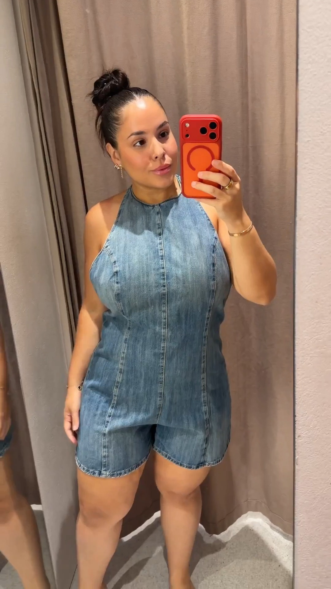 the denim romper that passed the chest test AND the booty test 🤍 halter neck holds everything, structured through the waist, no gaping. midsize verdict: a yes 🛒  wearing size XL

#LTKootd #LTKgrwm #LTKMidsize