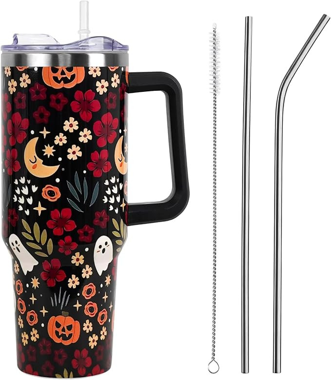 Halloween Tumbler with Lid and Straw 40oz,Fall Skulls Ghost Pumpkins Flower Vacuum Insulated Leak... | Amazon (US)