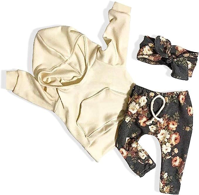 Infant Baby Girls Clothes Yellow Hoodie with Pocket Tops Floral Pants +Headband 3Pcs Floral Outfi... | Amazon (US)