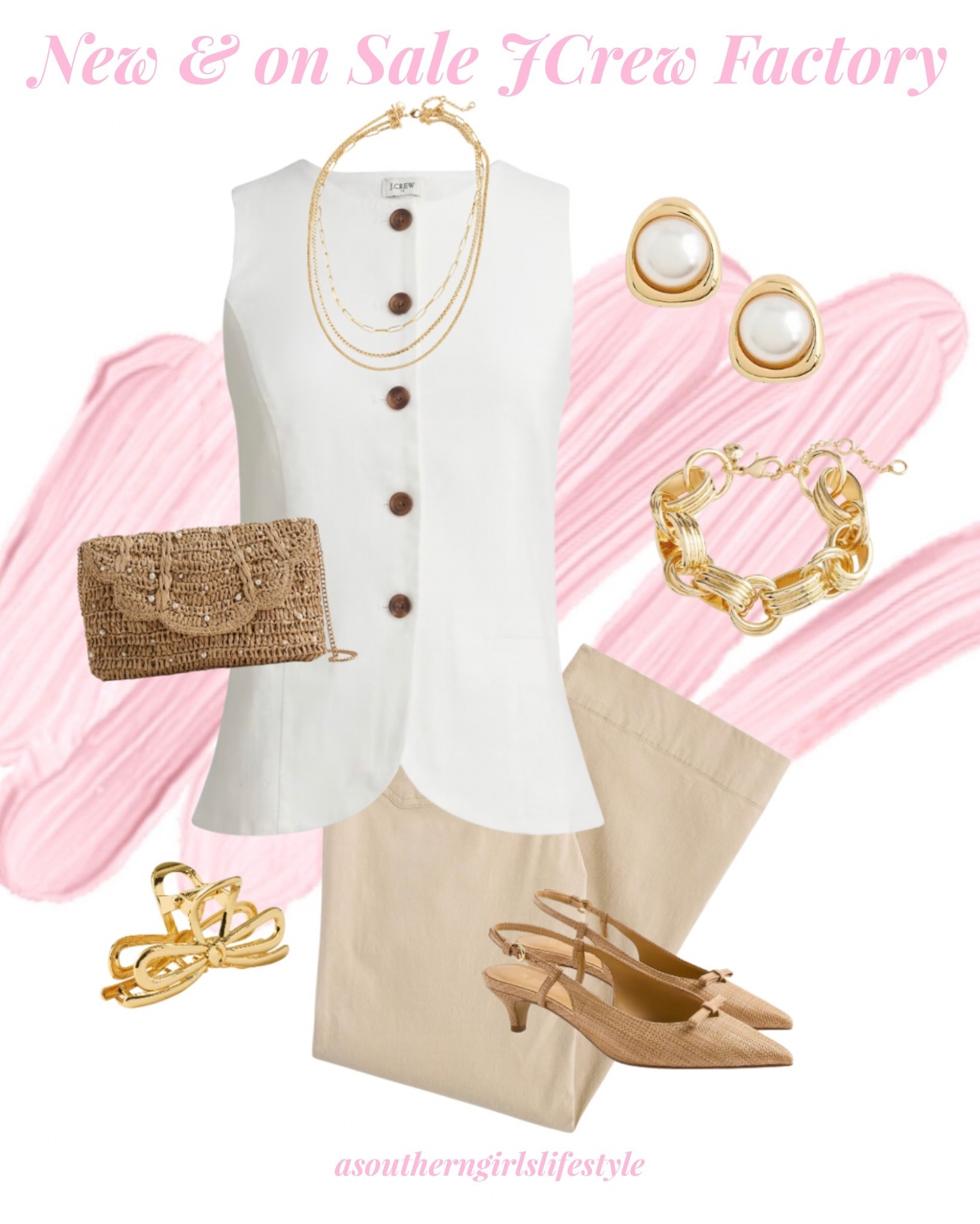 New & on Sale JCrew Factory - chic elevated casual from brunch to church!

White Linen Vest, Khaki Cropped Pants, Pearl Earrings, Layered Necklaced, Gold Bracelet, Straw Pearl Clutch & Woven Bow Kitten Heels

@jcrew 

#LTKSpringSale #LTKPetite #LTKootd #LTKSeasonal #LTKSaleAlert