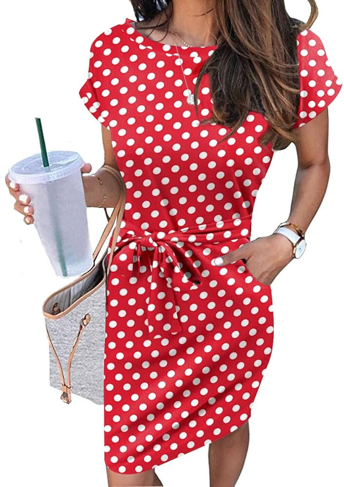 POPYOUNG 2022 Women's Summer Short Sleeve T Shirt Dress Casual Tie Waist Dresses with Pockets | Amazon (US)