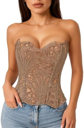 Lacework Corset Top for Women Sexy Textured Sheer Floral Lace Bustier Going Out Lace-up Corset Ha... | Amazon (US)