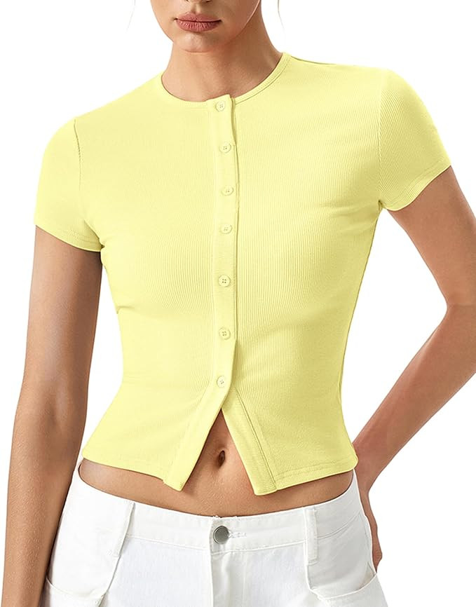 QINSEN Women's Crewneck Short Sleeve T Shirts Ribbed Button Going Out Trendy Tops | Amazon (US)