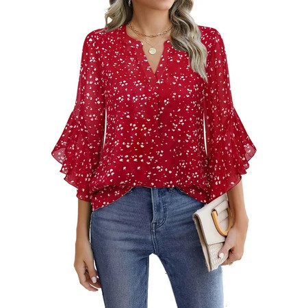 Fantaslook Blouses for Women 3/4 Ruffle Sleeve Summer Tops V Neck Business Work Blouse Dressy Casual Shirts | Walmart (US)