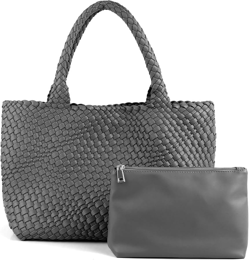 Large Woven Vegan Leather Tote Bag, with Clutch | Amazon (US)