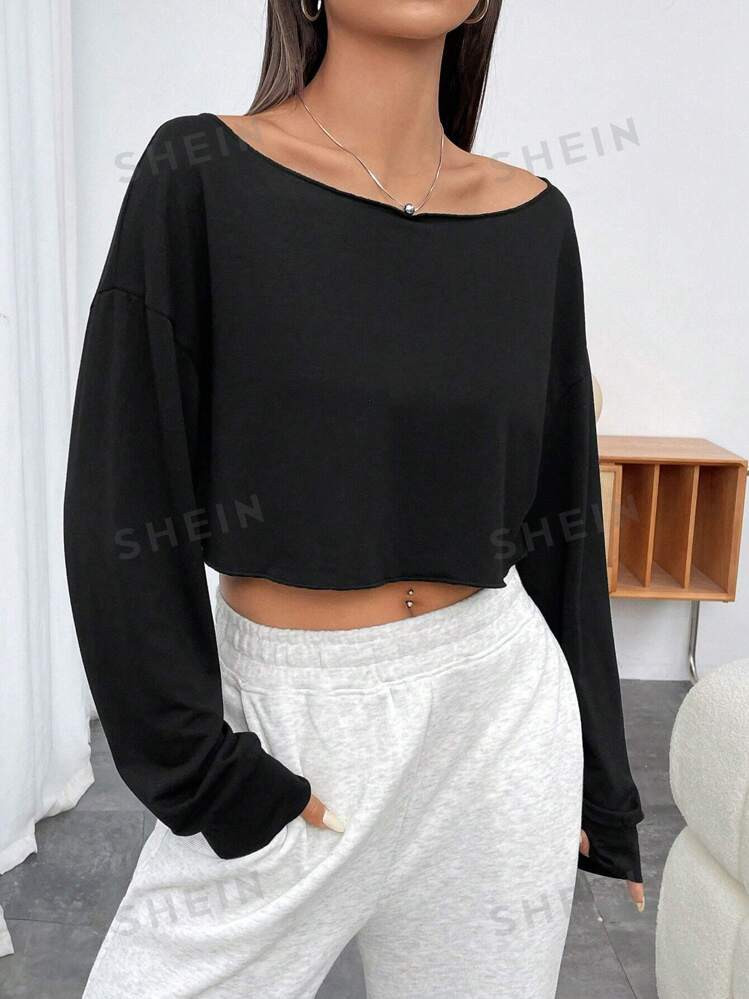 SHEIN EZwear Women's Off Shoulder Long Sleeve Solid Color T-Shirt | SHEIN