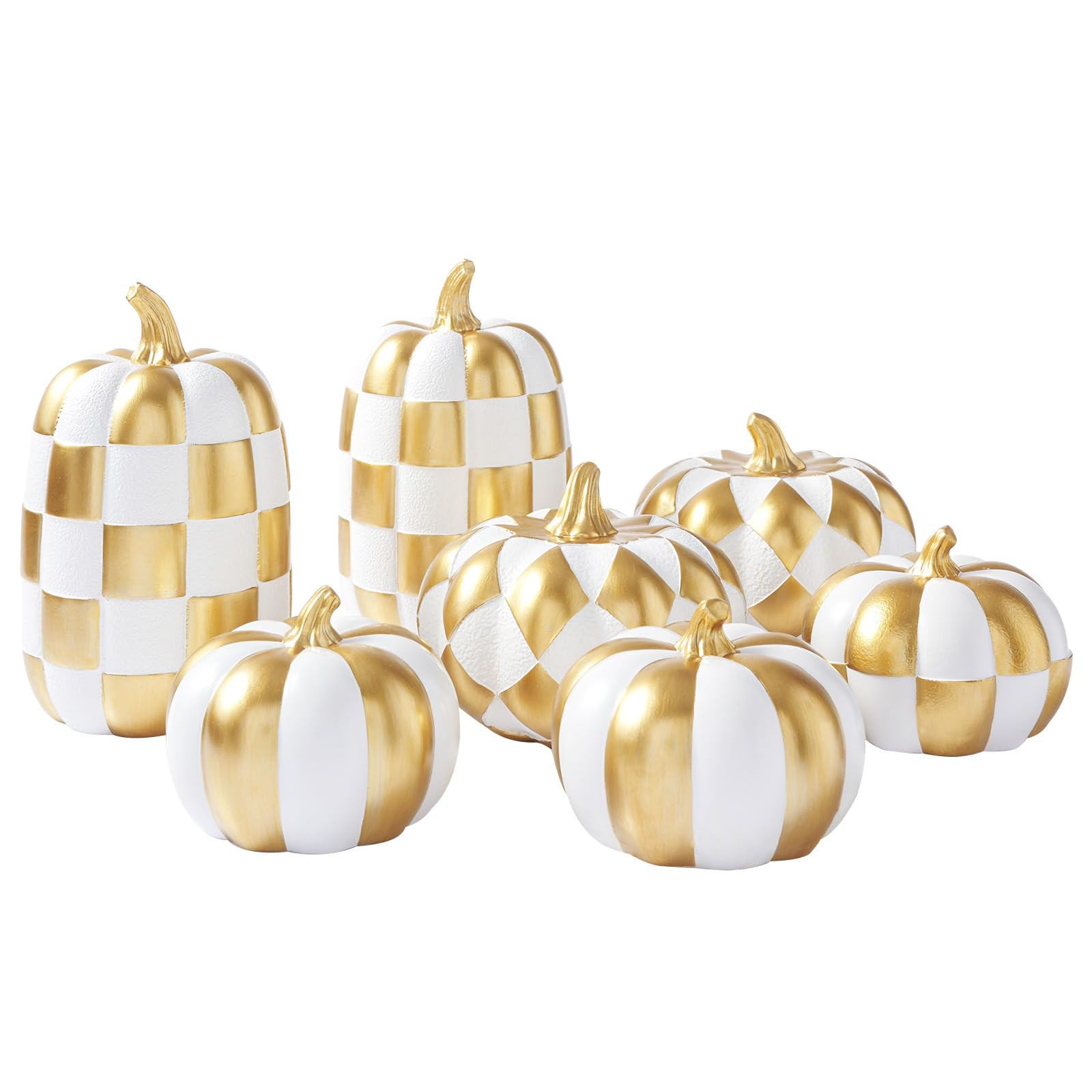WDS WONDROUS 7PCS Fall Pumpkin Decor, White and Gold Checkered Pumpkin Decorations for Home, Modern Fake Pumpkins for Farmhouse & Front Porch Decor, Thanksgiving Dining Table Centerpiece | Amazon (US)