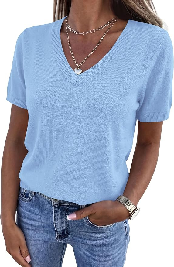 PRETTYGARDEN Womens Short Sleeve Sweaters V Neck Business Casual Tops Lightweight Sweater Shirts ... | Amazon (US)