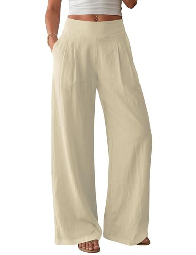 AKEWEI Palazzo Pants for Women Casual Wide Leg Linen Summer Flowy Pants Beach Vacation Clothes Loose Travel Pants with Pockets Khaki S | Amazon (US)