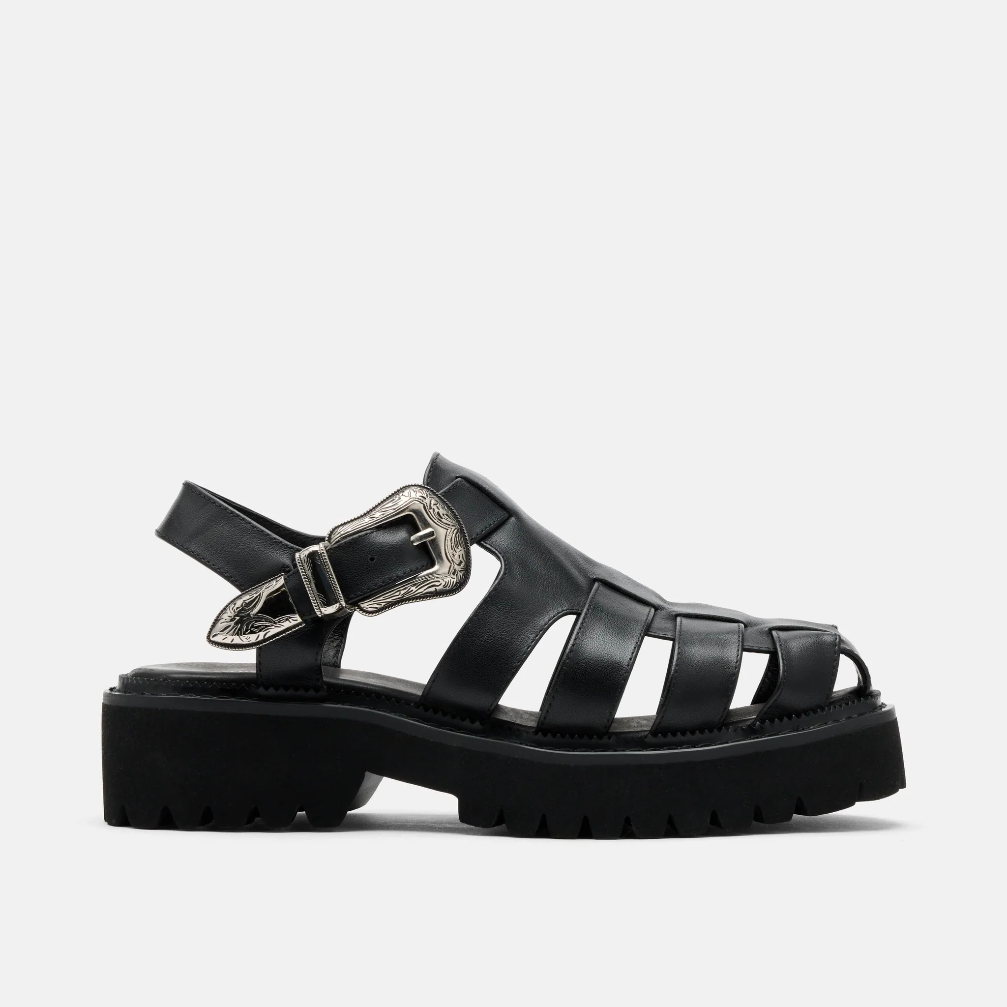 Maya Black Leather Lug Fisherman Sandals | Marc Nolan