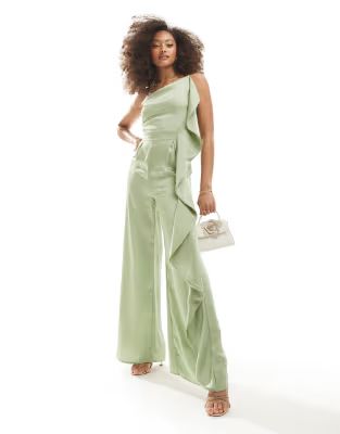 TFNC Bridesmaid satin one shoulder jumpsuit with ruffle detail in sage | ASOS (Global)