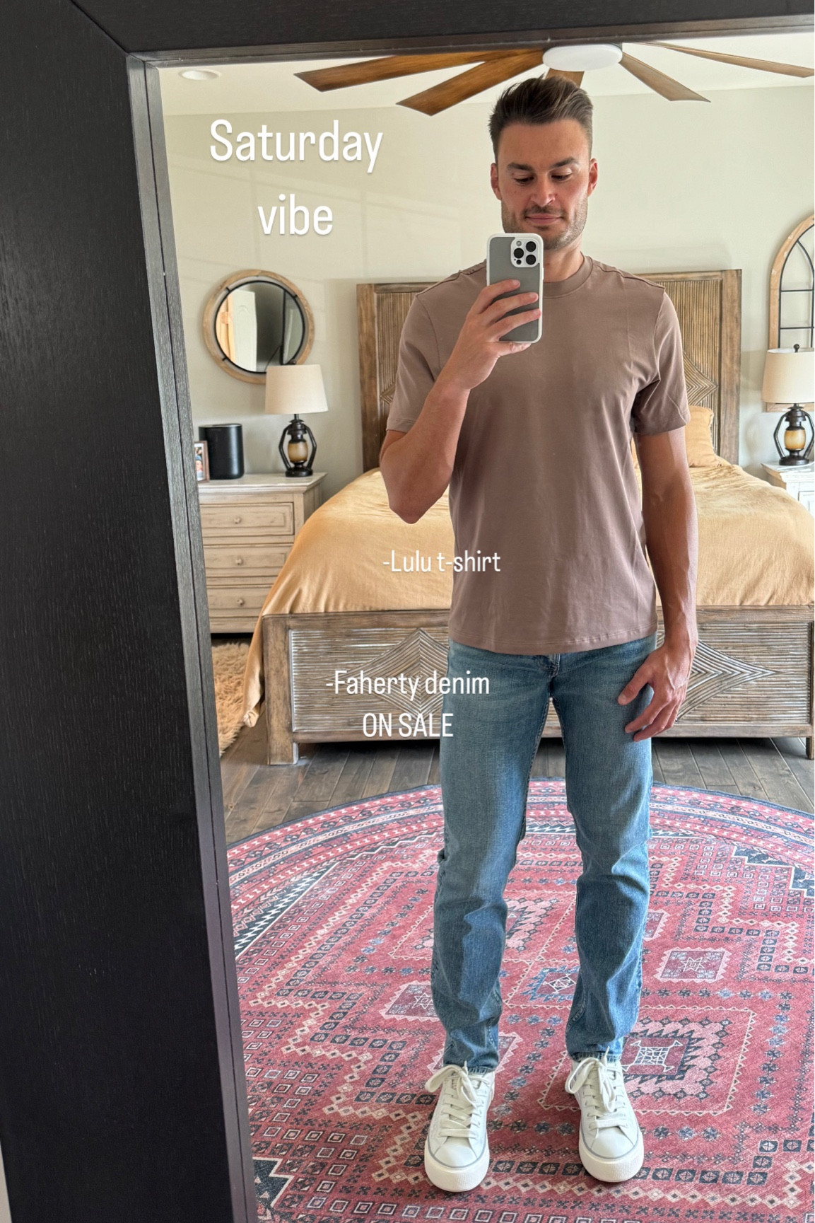 Saturday vibe headed to brunch. Perfect spring casual fit. Lulu T shirt paired with basic straight legged denim (ON SALE). I’m 6’4 200 lbs and I wear a Large Lulu T and a 32x34 denim at Faherty  