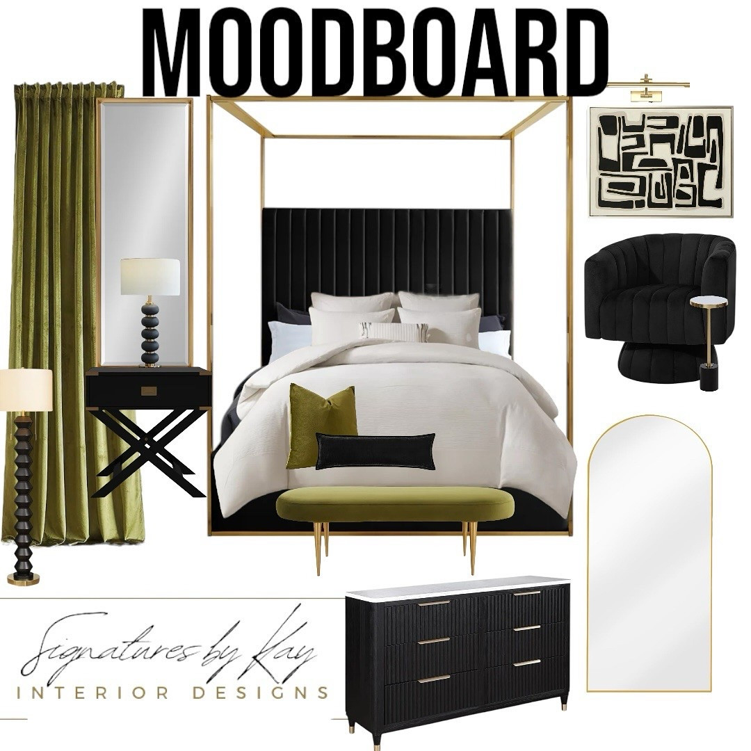 CLIENT BUDGET FRIENDLY MOODBOARD APPROVED ✅💕✨

Luxury meets sophistication in this modern bedroom design. A bold black canopy bed, rich olive accents, and gold details create the perfect balance of elegance and comfort. Client-approved and ready to transform!

Stay Tuned ✨

#LuxuryDesign #ModernBedroom #ElevatedLiving #SignaturesByKay