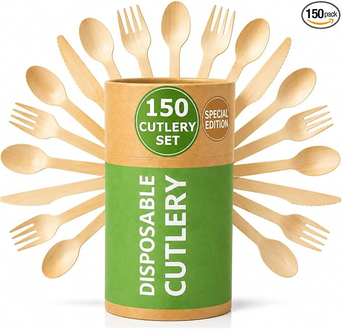 (150 Pcs) Special Edition Compostable Cutlery Set - Disposable Wooden Cutlery Set - Alternative t... | Amazon (US)