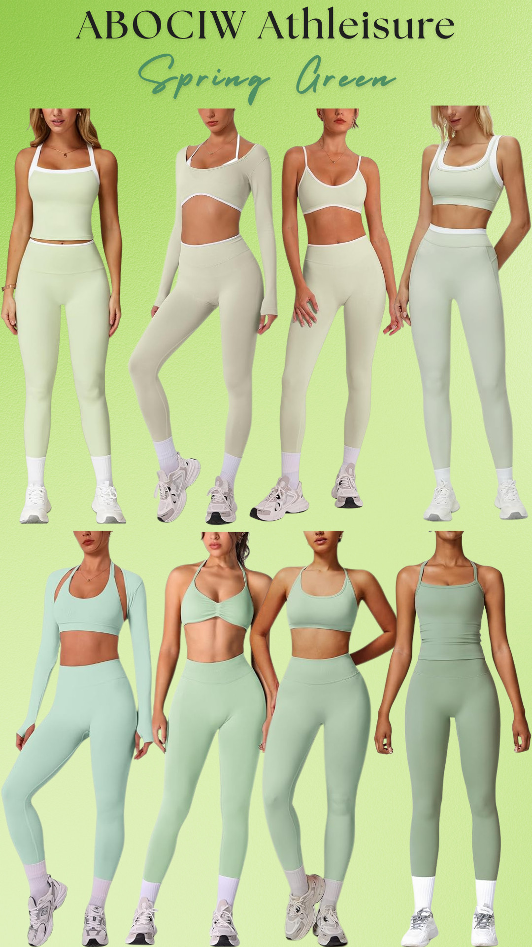 Spring Green Athleisure by ABOCIW 🍋‍🟩 

Spring gym outfits just got a major upgrade with these sage green athleisure sets from ABOCIW on Amazon. 

This soft spring green shade is everywhere right now and gives that clean, minimal, “expensive activewear” look without the high price tag.

These sets are made with smoothing, sculpting fabric that hugs your body while still being breathable and comfortable for workouts. The high waisted leggings help hold everything in place so you’re not constantly adjusting during workouts, and the sports bras offer supportive, flattering coverage.

If you’re tired of leggings that roll down, lose compression, or workout sets that look cute online but feel cheap in person, these Amazon activewear pieces are surprisingly good quality and super flattering.

The best part is how easy these matching sets make getting dressed for the gym. Throw one on and you instantly have a polished, put-together workout outfit.

Pieces in this set lineup:
• High Waisted Sculpting Leggings
• Seamless Compression Workout Leggings
• Supportive Sports Bra
• Strappy Sports Bra Top
• Long Sleeve Cropped Workout Top
• Twist Front Sports Bra
• Cross Waist Leggings
• Matching Gym Set Activewear

Perfect for:
• Gym workouts
• Pilates classes
• Yoga sessions
• Walking workouts
• Hot girl walks
• Athleisure errands
• Travel outfits
• Everyday activewear

Everything is linked! 

 

#LTKootd #LTKActive #LTKTravel