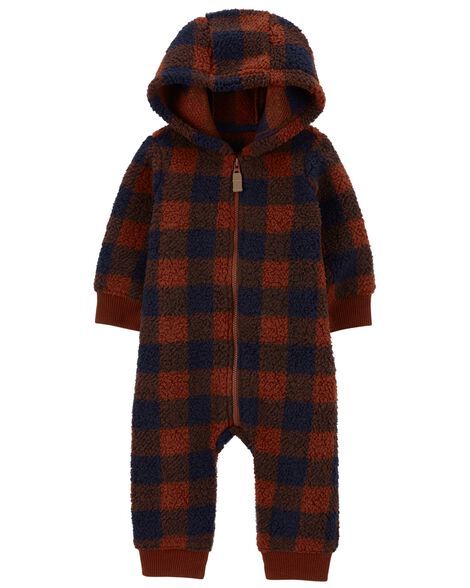 Carter's Baby Boys Plaid Sherpa Jumpsuit NB Navy/Red | Carter's