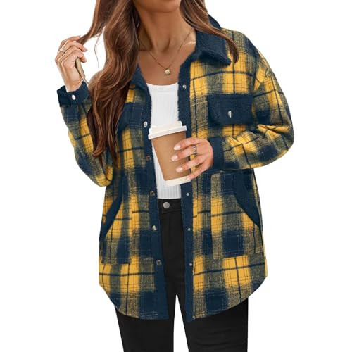 KGKQHKQ Flannel Jacket Women Plaid Fuzzy Fleece Lined Jacket Casual Long Sleeve Button Down Shirts Trendy Fall Outfits | Amazon (US)