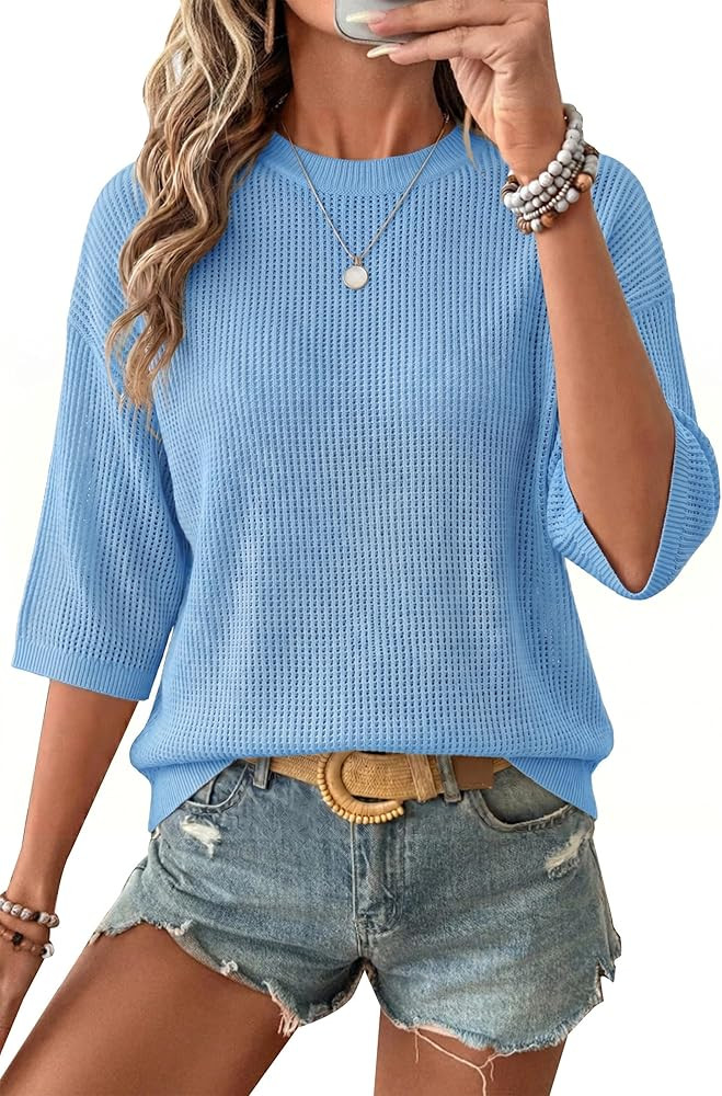 Arach&Cloz Womens Summer 100% Cotton Oversized Crochet Tops 3/4 Length Sleeve Sweater Hollow Out ... | Amazon (US)